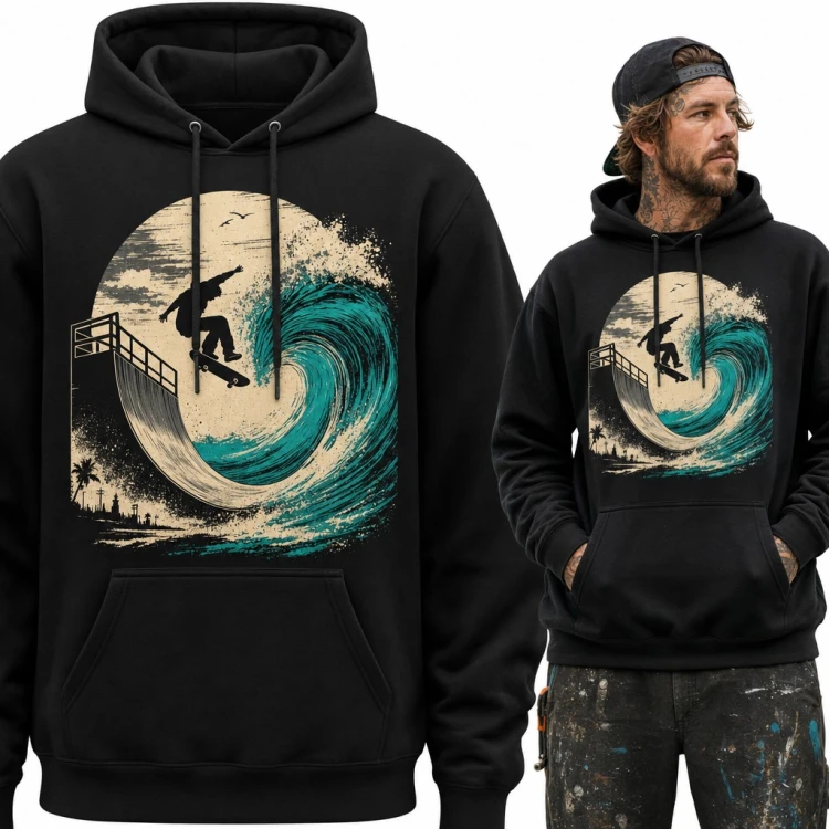 Bluza męska z kapturem - skater na rampie zamienionej w falę oceanu