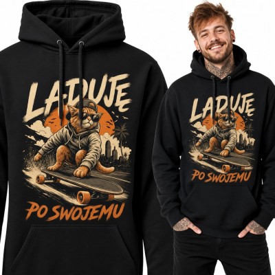Bluza męska z kapturem - kot na deskorolce „Ląduję po swojemu”