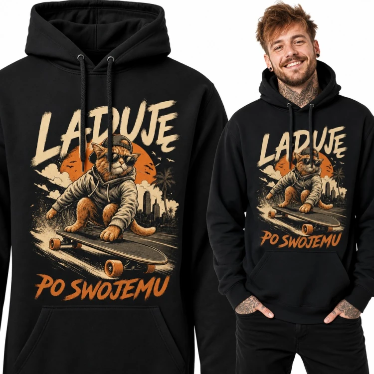 Bluza męska z kapturem - kot na deskorolce „Ląduję po swojemu”
