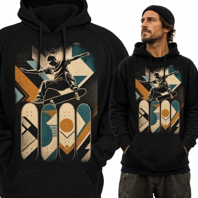 Bluza męska z kapturem - skater w wyskoku nad czterema deskorolkami retro