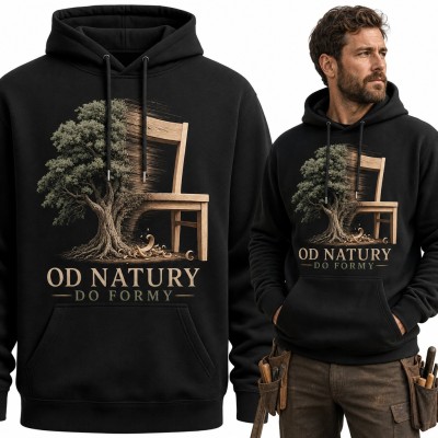 Bluza męska z kapturem - drzewo zmieniające się w krzesło „Od natury do formy” dla stolarza