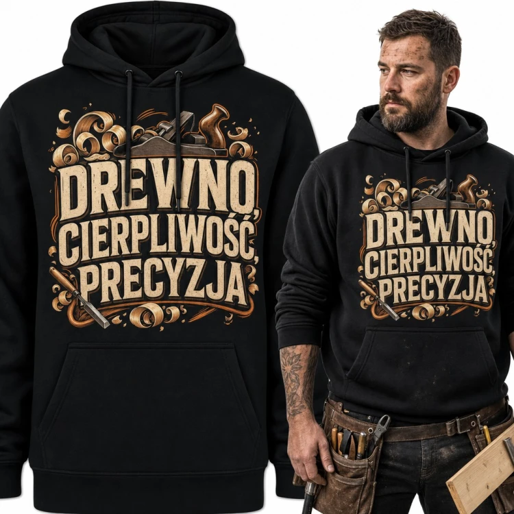 Bluza męska z kapturem - „Drewno, cierpliwość, precyzja” z heblem i dłutem dla stolarza