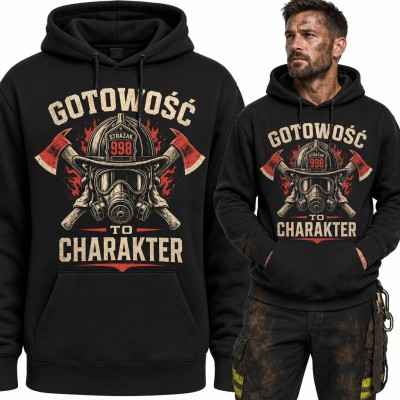 Bluza męska z kapturem - „Gotowość to charakter” z hełmem strażaka 998 i toporami
