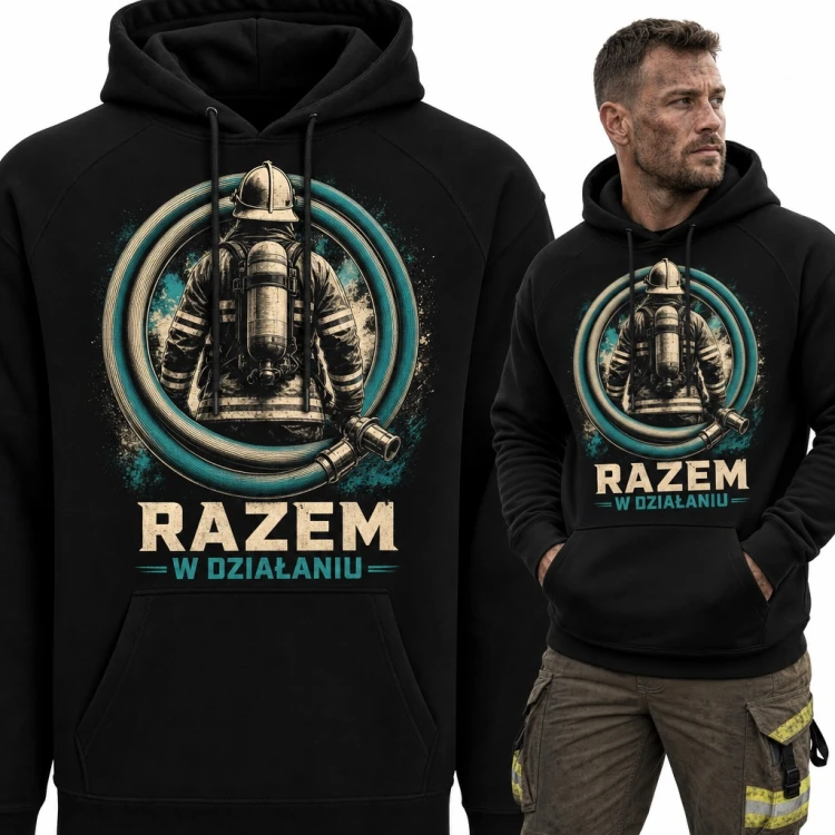 Bluza męska z kapturem - strażak z wężem pożarniczym „Razem w działaniu”