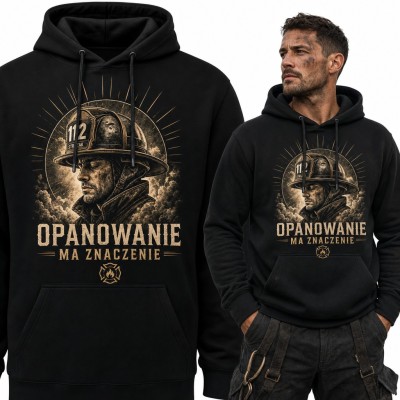 Bluza męska z kapturem - strażak w hełmie 112 „Opanowanie ma znaczenie”