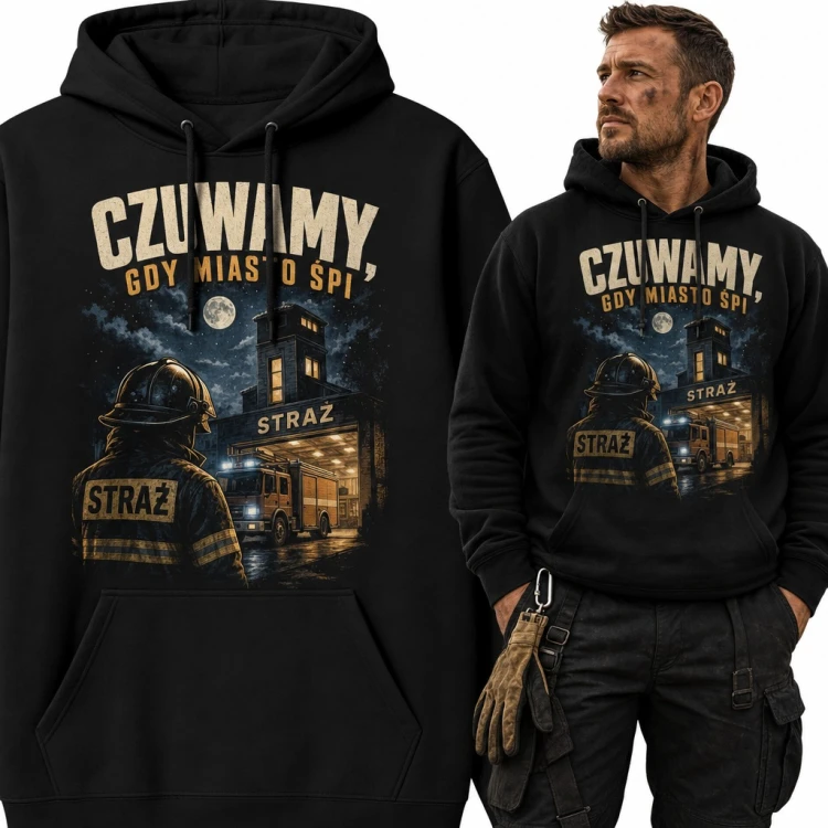 Bluza męska z kapturem - strażak przed remizą „Czuwamy, gdy miasto śpi”