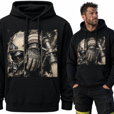 Bluza męska z kapturem - strażacki tryptyk z hełmem, rękawicą i prądownicą