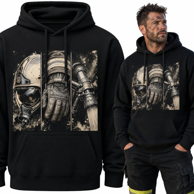 Bluza męska z kapturem - strażacki tryptyk z hełmem, rękawicą i prądownicą