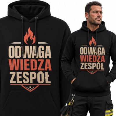 Bluza męska z kapturem - „Odwaga wiedza zespół” z płomieniem dla strażaka