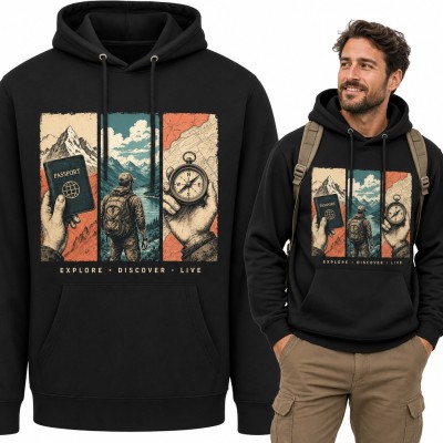 Bluza męska z kapturem - podróże „Explore • Discover • Live” z paszportem i kompasem