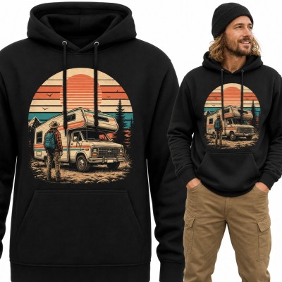 Bluza męska z kapturem - retro kamper w górach o zachodzie słońca dla podróżnika