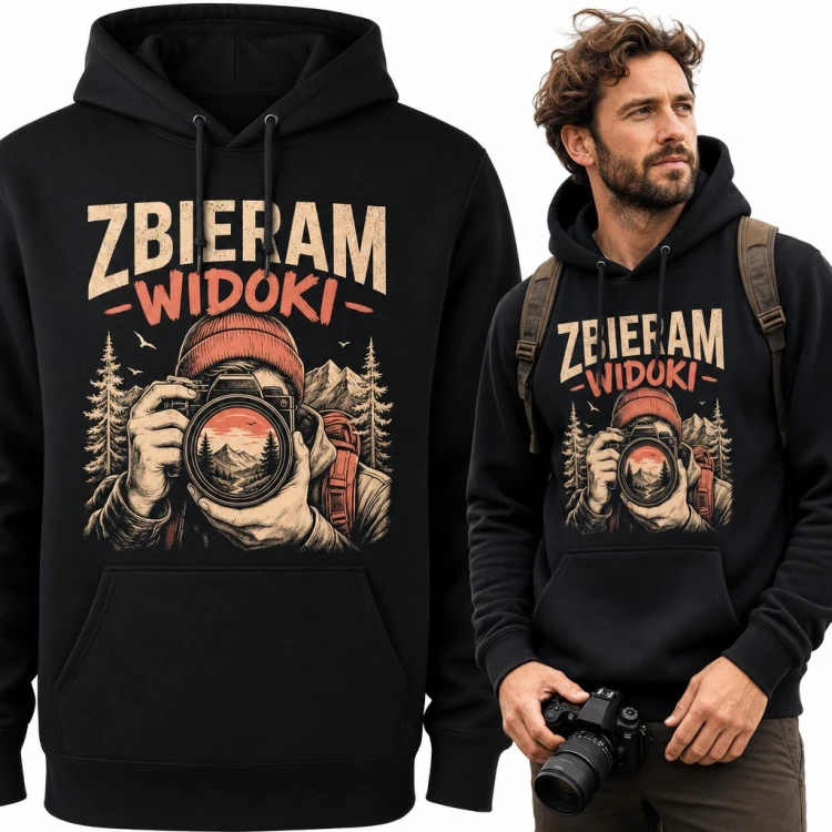 Bluza męska z kapturem - „Zbieram widoki” fotograf z aparatem w górach