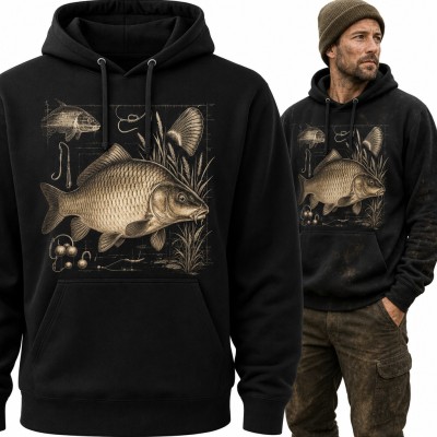 Bluza męska z kapturem - karp i zestaw karpiowy w stylu vintage dla wędkarza