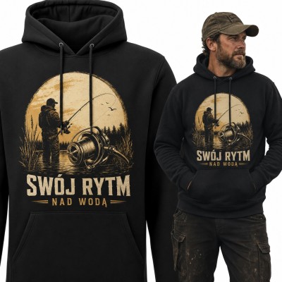 Bluza męska z kapturem - „Swój rytm nad wodą” dla wędkarza z kołowrotkiem