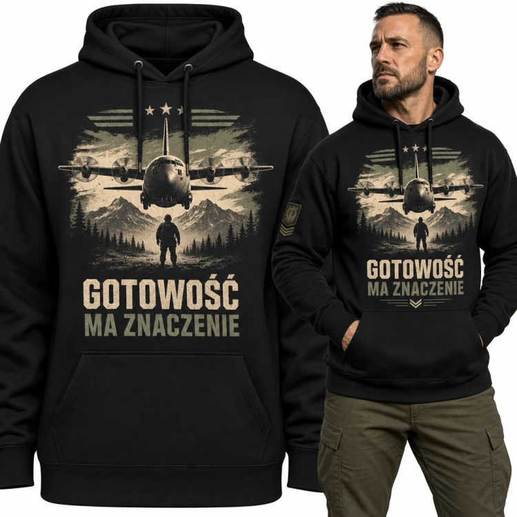 Bluza męska z kapturem - „Gotowość ma znaczenie” z samolotem wojskowym i żołnierzem
