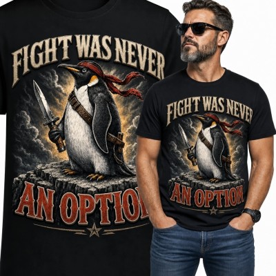 Koszulka męska z walecznym pingwinem „Fight Was Never an Option” - mroczny humor