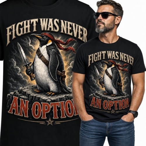 Koszulka męska z walecznym pingwinem „Fight Was Never an Option” - mroczny humor