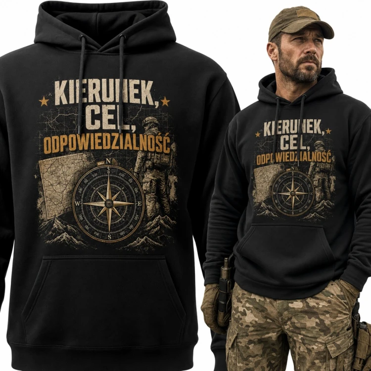 Bluza męska z kapturem „Kierunek, cel, odpowiedzialność” - żołnierz z kompasem i mapą