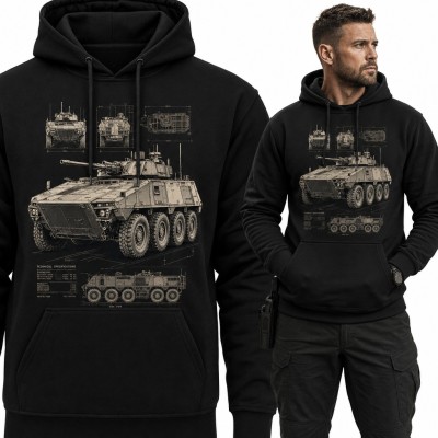 Bluza męska z kapturem - transporter opancerzony 8x8 jako rysunek techniczny „Technical Specifications” dla fana militariów