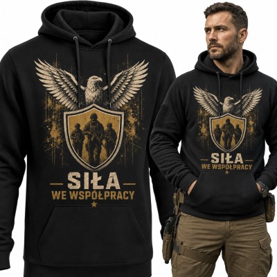 Bluza męska z kapturem - „Siła we współpracy” z orłem i żołnierzami na tarczy