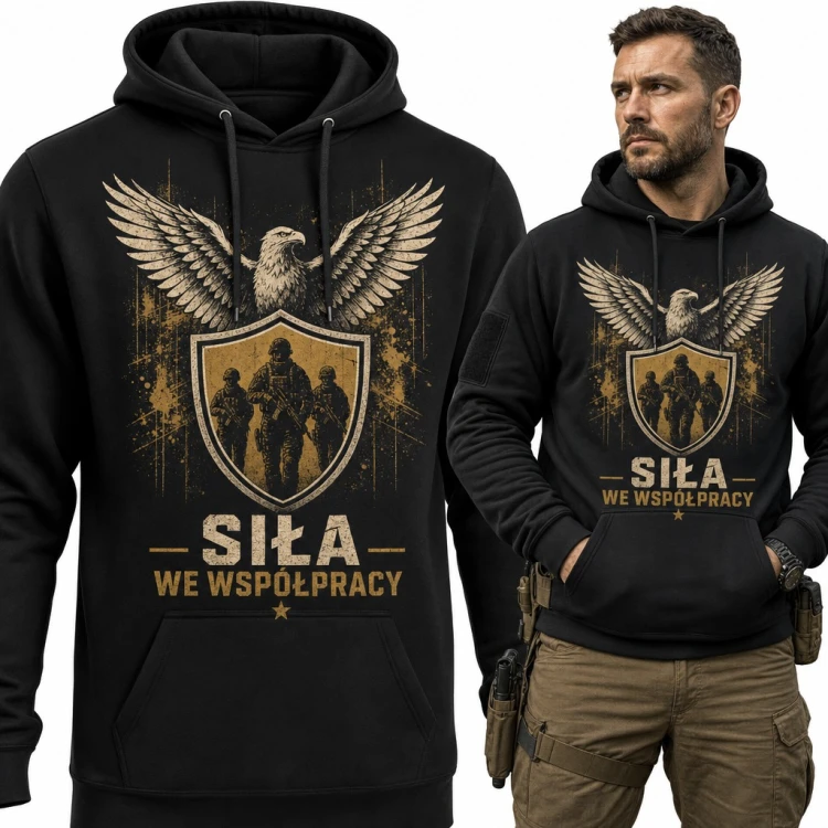 Bluza męska z kapturem - „Siła we współpracy” z orłem i żołnierzami na tarczy
