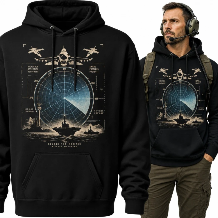 Bluza męska z kapturem „Beyond the horizon” - radar wojskowy z myśliwcami i lotniskowcem