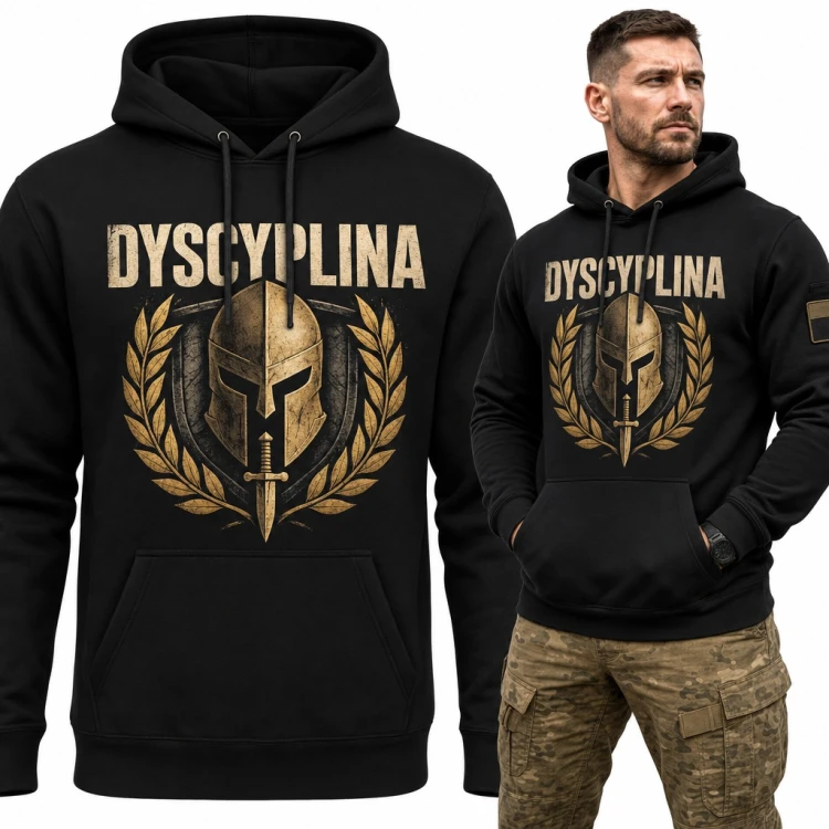 Bluza męska z kapturem - spartański hełm z mieczem i laurem „Dyscyplina”