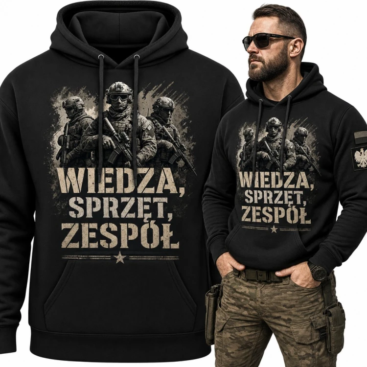 Bluza męska z kapturem - żołnierze sił specjalnych „Wiedza, sprzęt, zespół” dla żołnierza