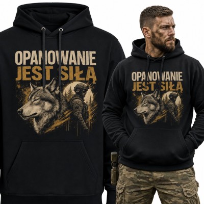 Bluza męska z kapturem - wilk i żołnierz „Opanowanie jest siłą”