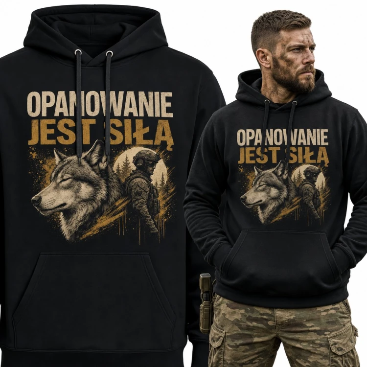 Bluza męska z kapturem - wilk i żołnierz „Opanowanie jest siłą”