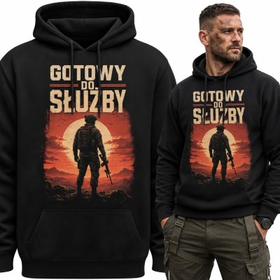 Bluza męska z kapturem „Gotowy do służby” - żołnierz z karabinem o zachodzie słońca