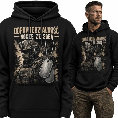 Bluza męska z kapturem - żołnierz z nieśmiertelnikami „Odpowiedzialność noszę ze sobą”