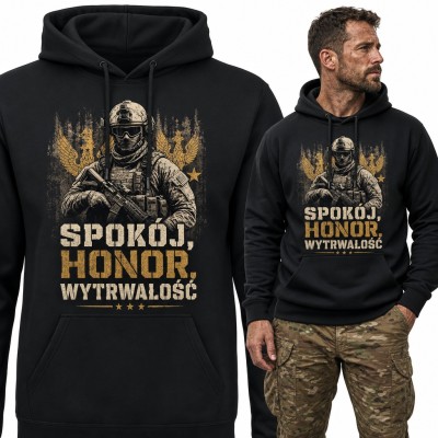Bluza męska z kapturem - żołnierz i orły „Spokój, honor, wytrwałość” dla żołnierza