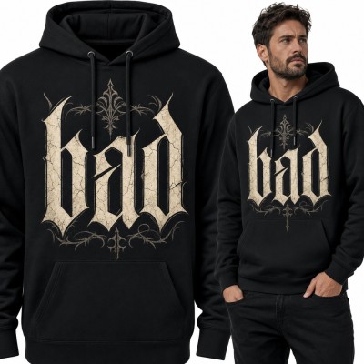 Bluza męska z kapturem - gotycki napis „Bad” z ornamentami