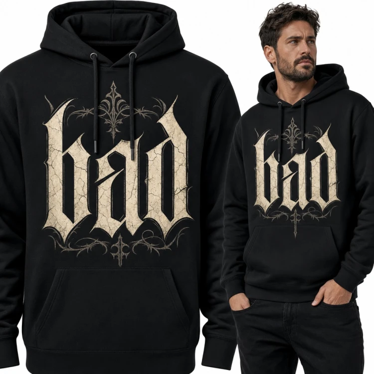 Bluza męska z kapturem - gotycki napis „Bad” z ornamentami