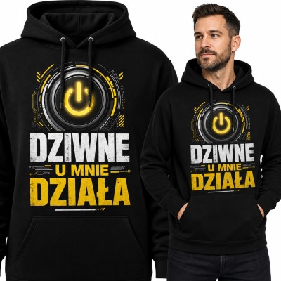 Bluza męska z kapturem „Dziwne, u mnie działa” - przycisk power dla programisty