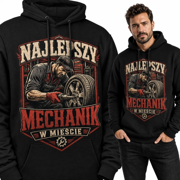 Bluza męska z kapturem - „Najlepszy mechanik w mieście” z wymianą koła w warsztacie