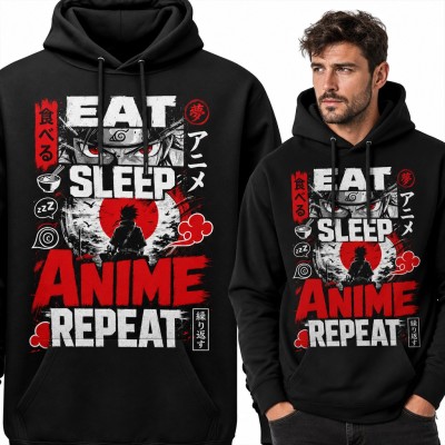 Bluza męska z kapturem „Eat Sleep Anime Repeat” - ninja na tle czerwonego słońca