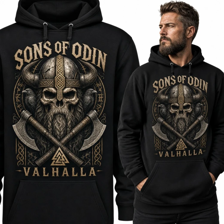 Bluza męska z kapturem - czaszka wikinga z toporami „Sons of Odin Valhalla”
