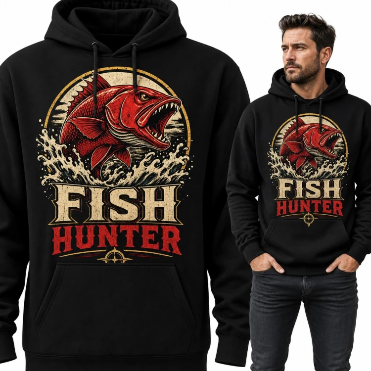 Bluza męska z kapturem „Fish Hunter” - czerwona drapieżna ryba dla wędkarza