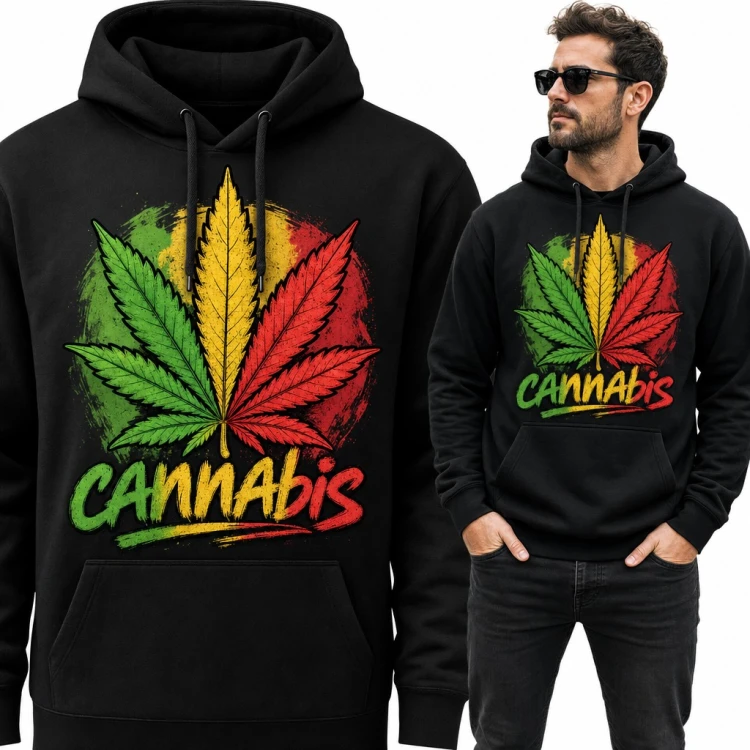 Bluza męska z kapturem - liść konopi w barwach rasta z napisem „Cannabis”