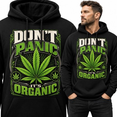 Bluza męska z kapturem - liść konopi i napis „Don't panic it's organic”