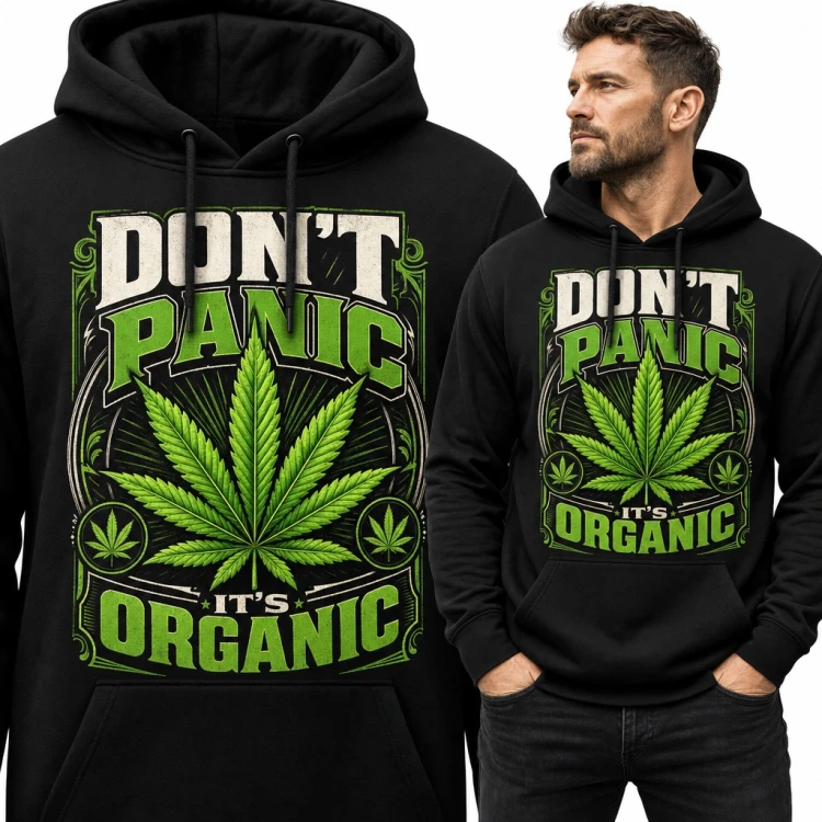 Bluza męska z kapturem - liść konopi i napis „Don't panic it's organic”
