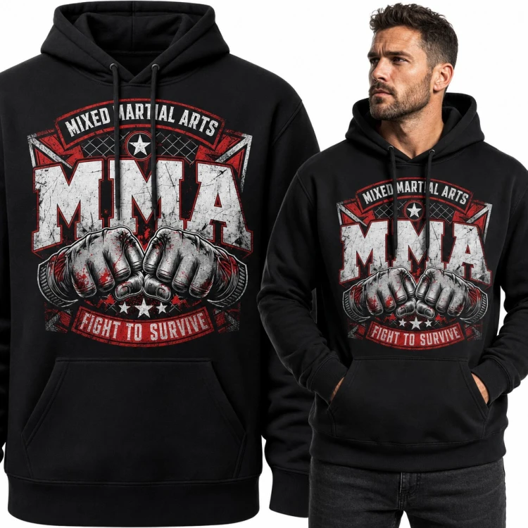 Bluza męska z kapturem - „MMA” z pięściami w owijkach i hasłem Fight to Survive