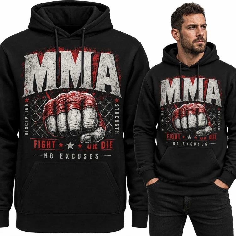 Bluza męska z kapturem - „MMA” pięść w owijkach na tle klatki