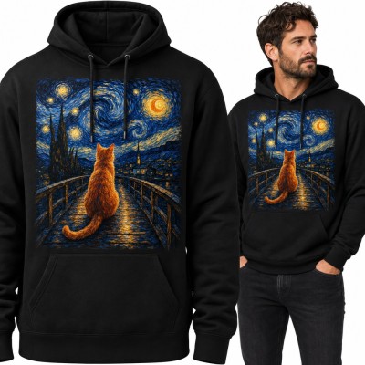 Bluza męska z kapturem - rudy kot na moście w stylu Gwiaździstej nocy Van Gogha