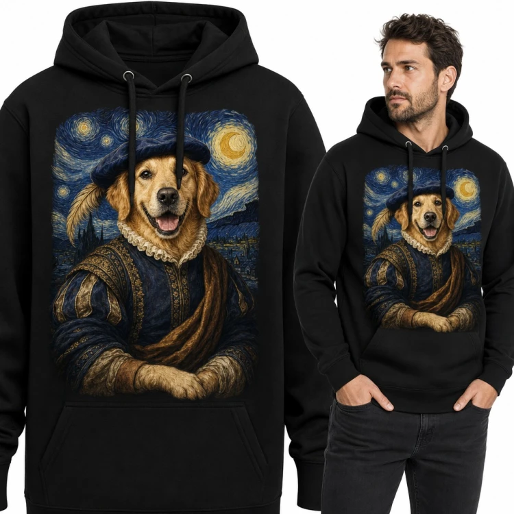 Bluza męska z kapturem - golden retriever w renesansowym stroju na tle Gwiaździstej nocy