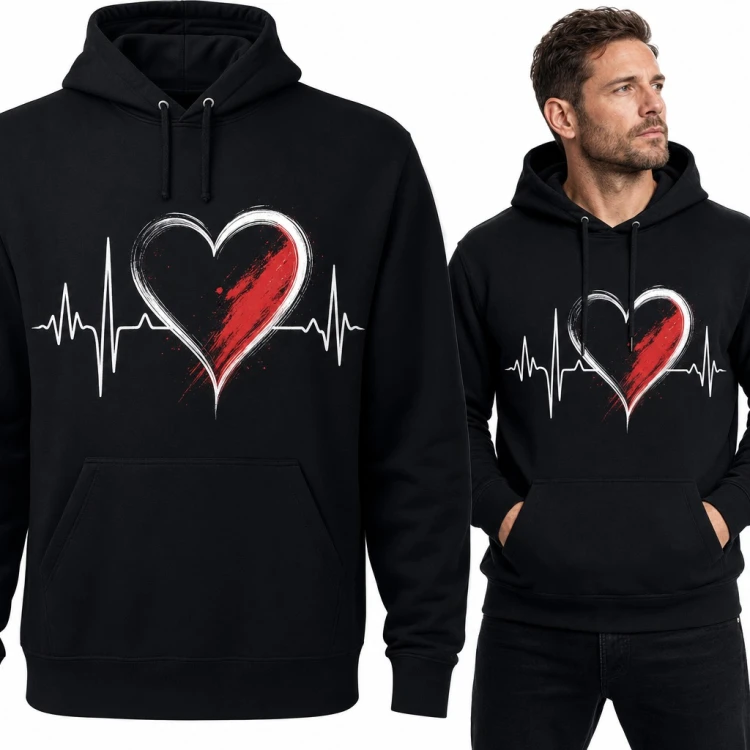 Bluza męska z kapturem - serce z linią EKG i czerwonym pociągnięciem pędzla