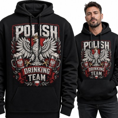 Bluza męska z kapturem - „Polish Drinking Team” z orłem w koronie i kuflami piwa