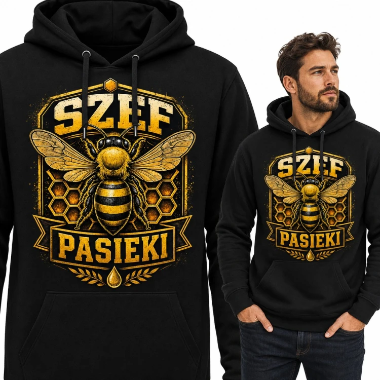 Bluza męska z kapturem „Szef pasieki” - pszczoła i plastry miodu dla pszczelarza